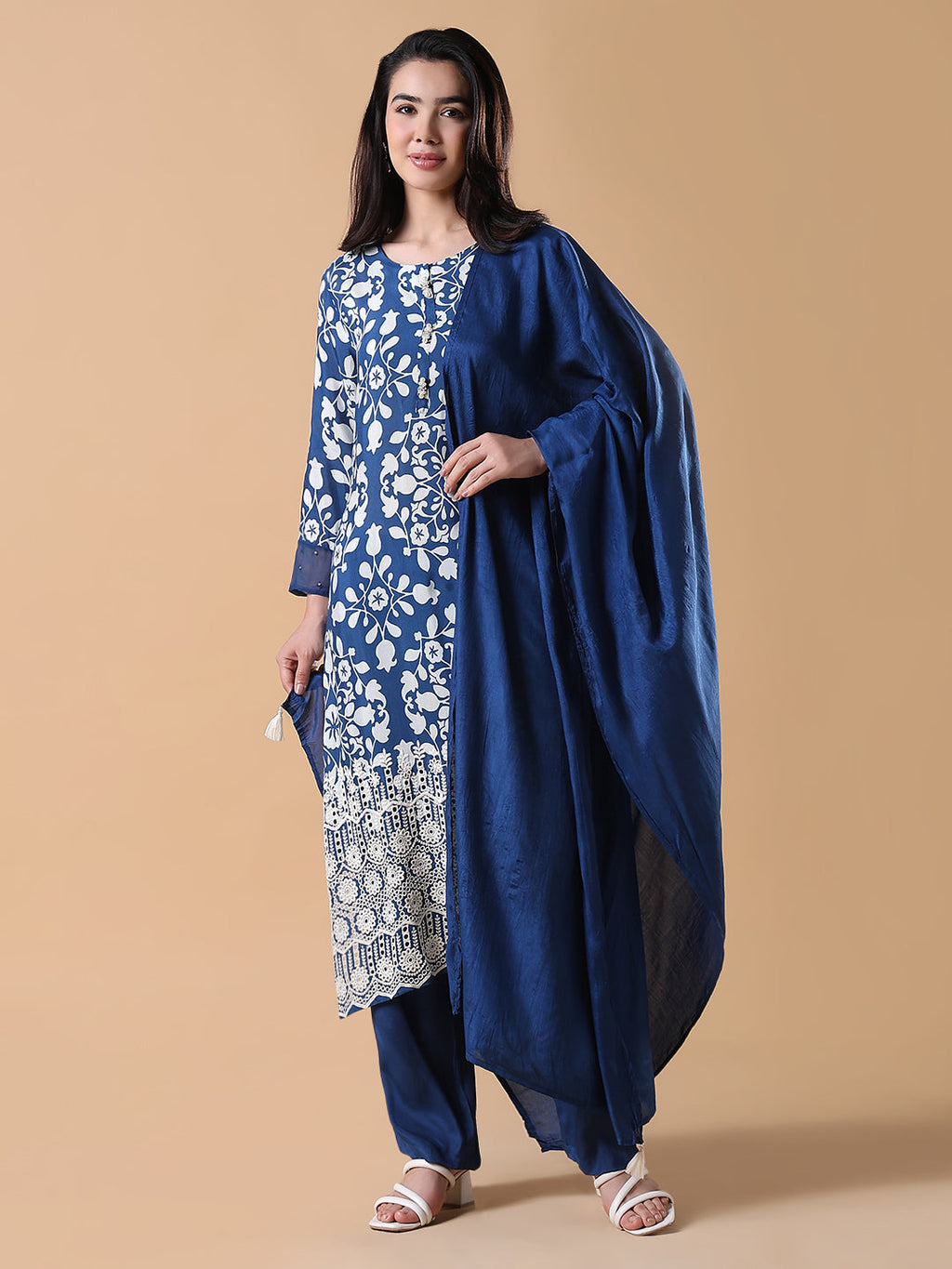 Women's Ethnic Motifs Straight Thread Work Blue Kurta Set with Dupatta