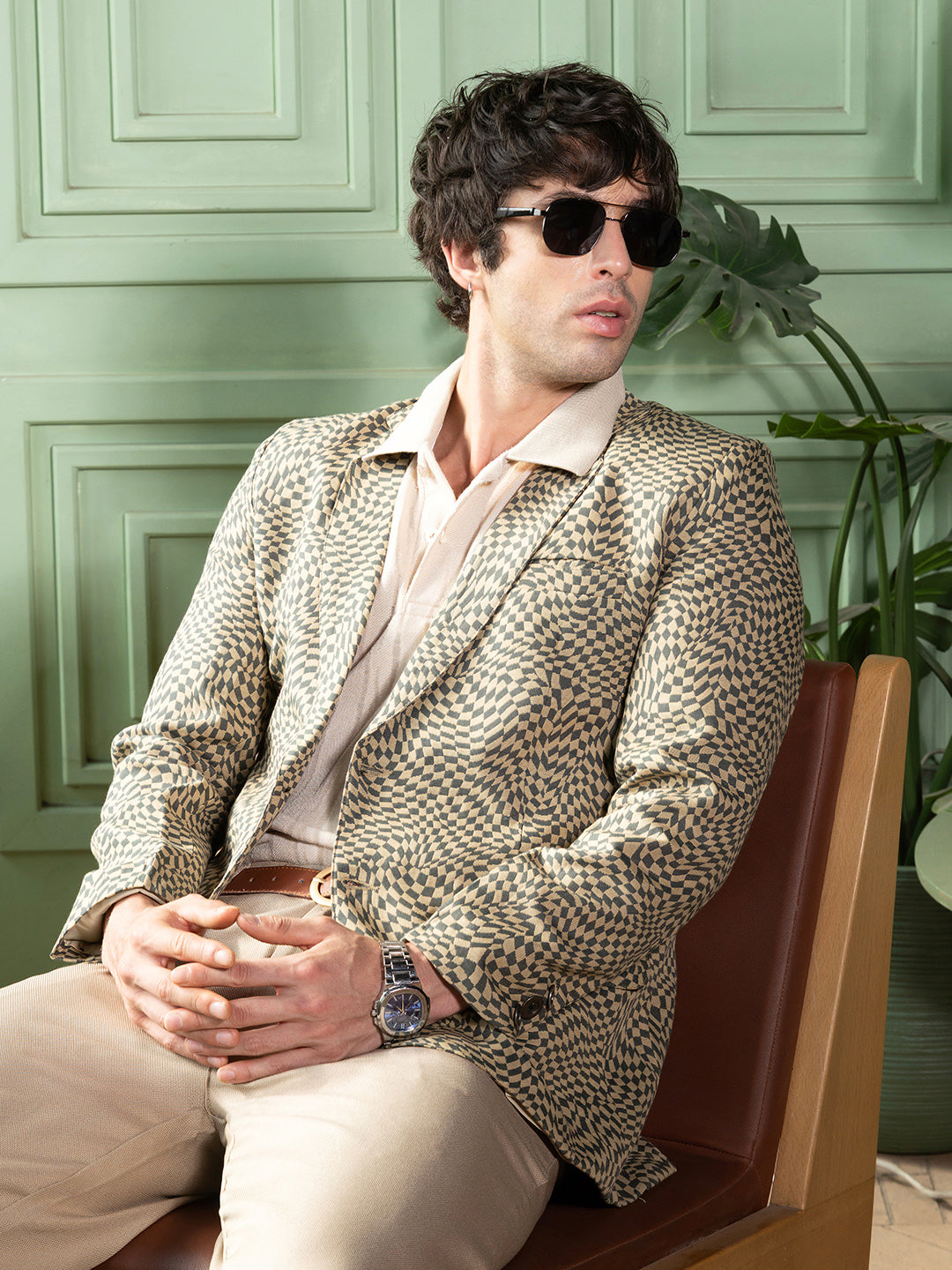 Tailored Curved-Check Jacquard Blazer