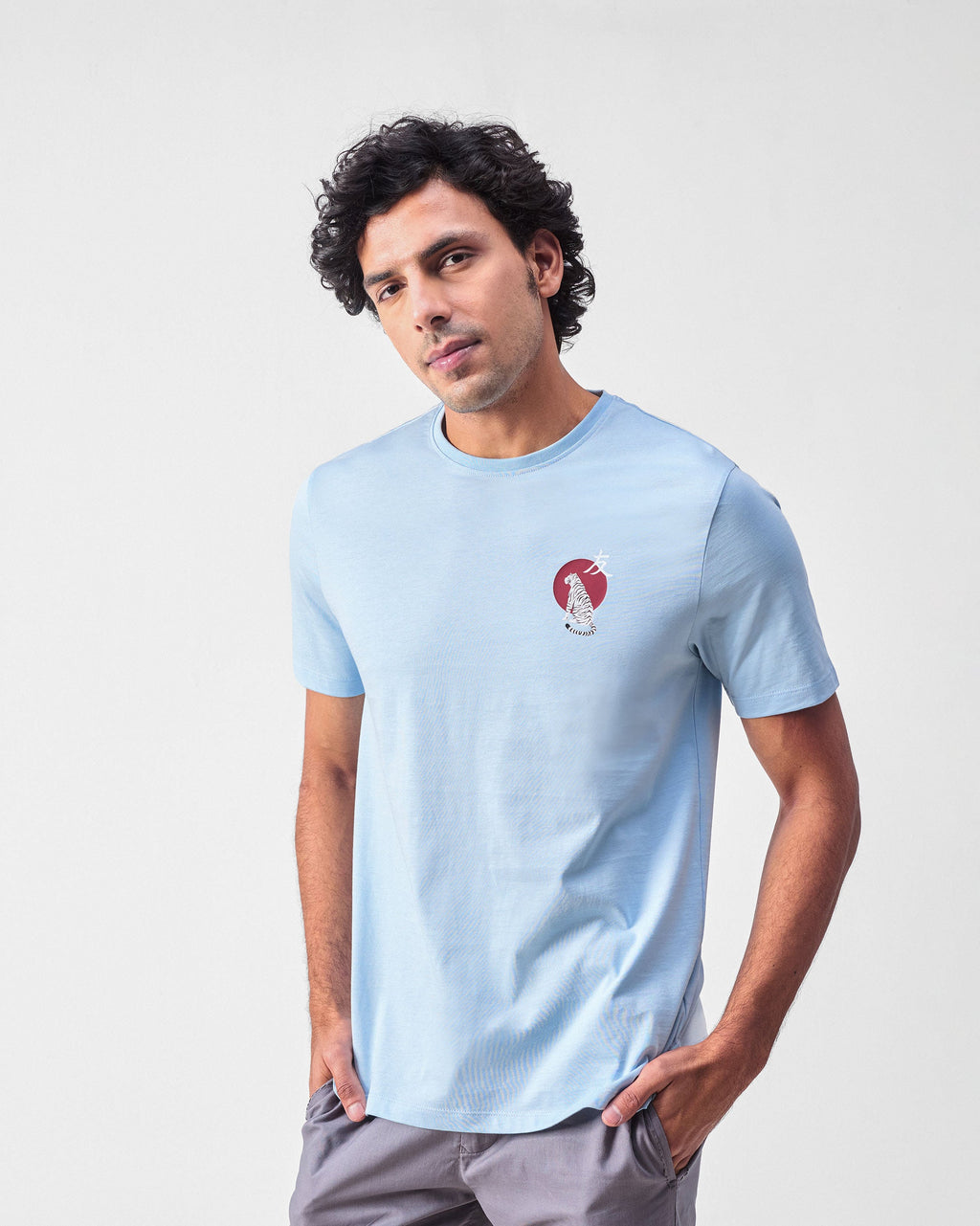 Japanese Tora T-shirt - Powder Blue & Red Print