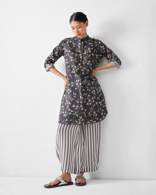 Basic Mid Length Kurta - Charcoal Print