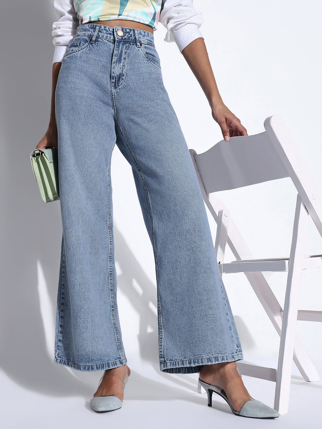 Women's Solid Blue Wide Leg Jeans