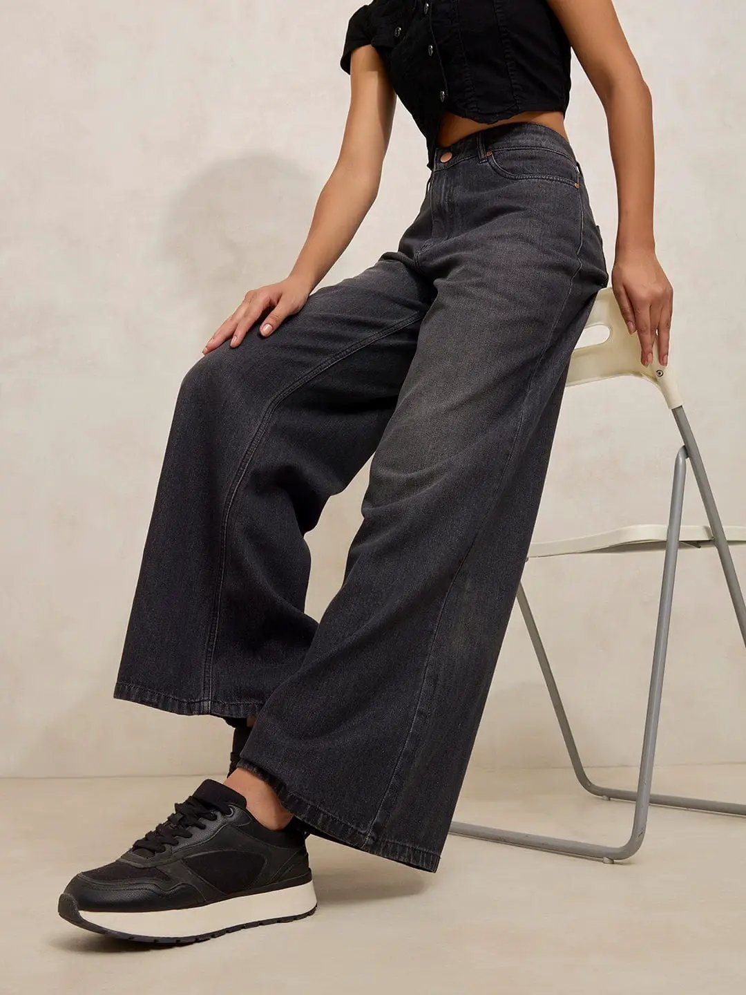 Women's Grey Denim High Rise Shaded Wide Leg Jeans