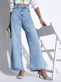 Women's Solid Light Blue Wide Leg Jeans
