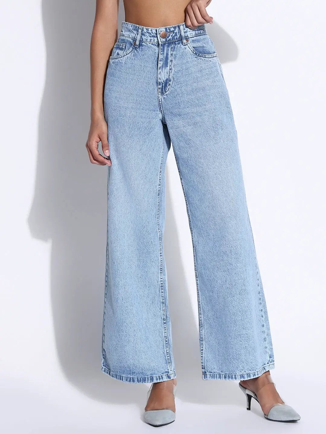 Women's Solid Light Blue Wide Leg Jeans