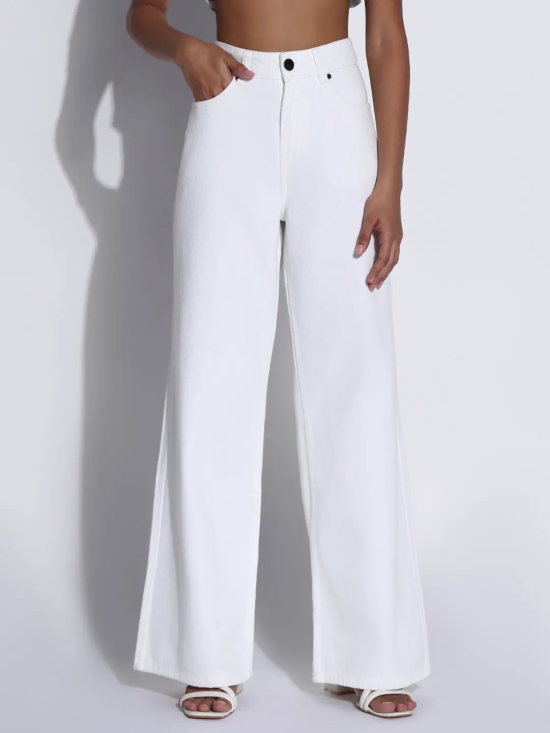 Women's Solid White Wide Leg Jeans