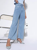 Women's Solid Light Blue Wide Leg Jeans