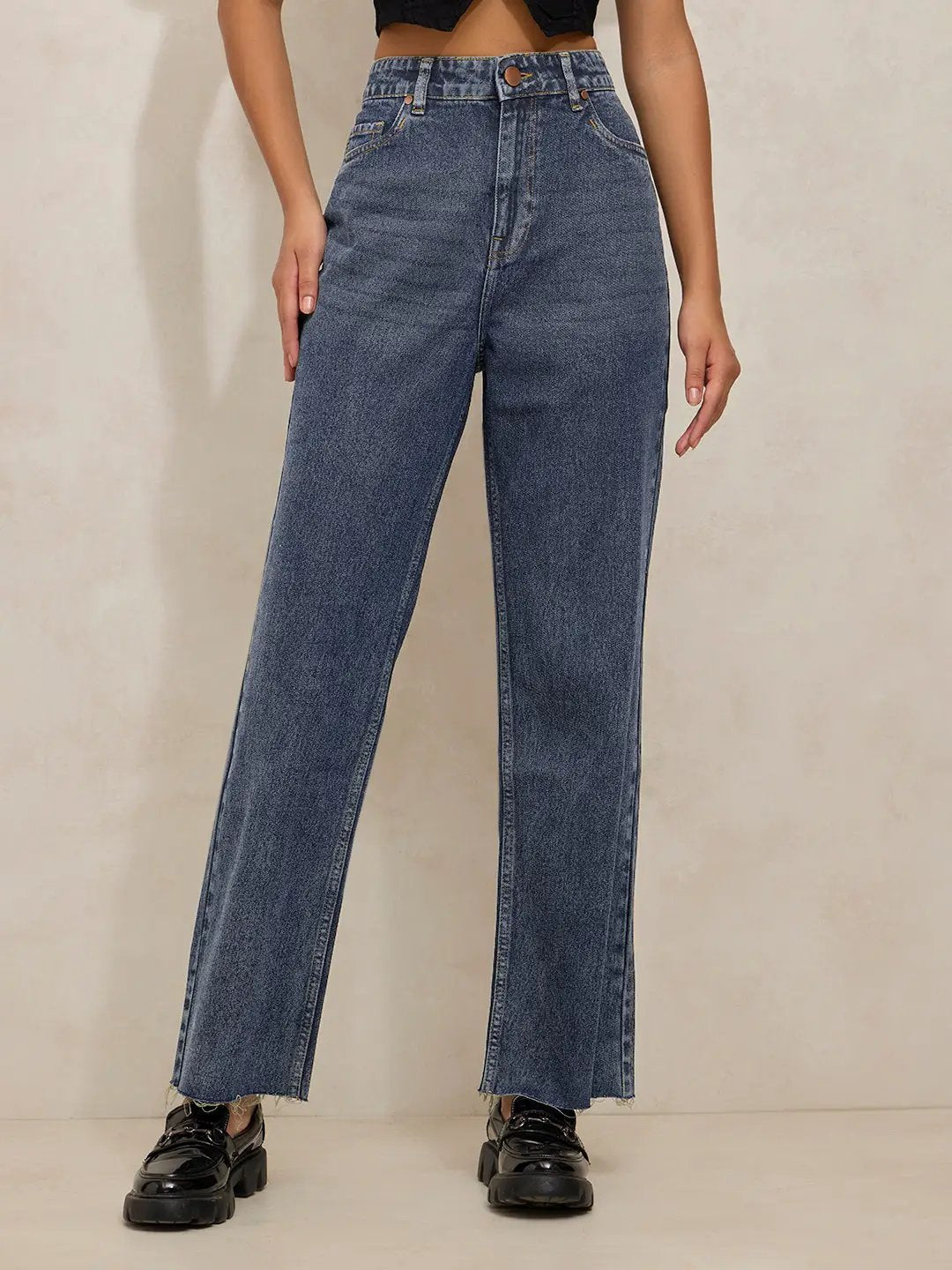 Women's Blue High Waist Casual Straight Fit Jeans