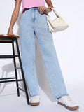 Women's Solid Blue Frayed Hem Straight Fit Jeans