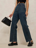 Women's Navy Blue High Rise Relaxed Fit Straight Jeans with Raw Hem