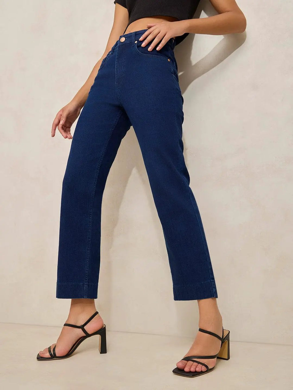 Women's Navy Blue Denim Mid Rise Slim Fit Cropped Jeans