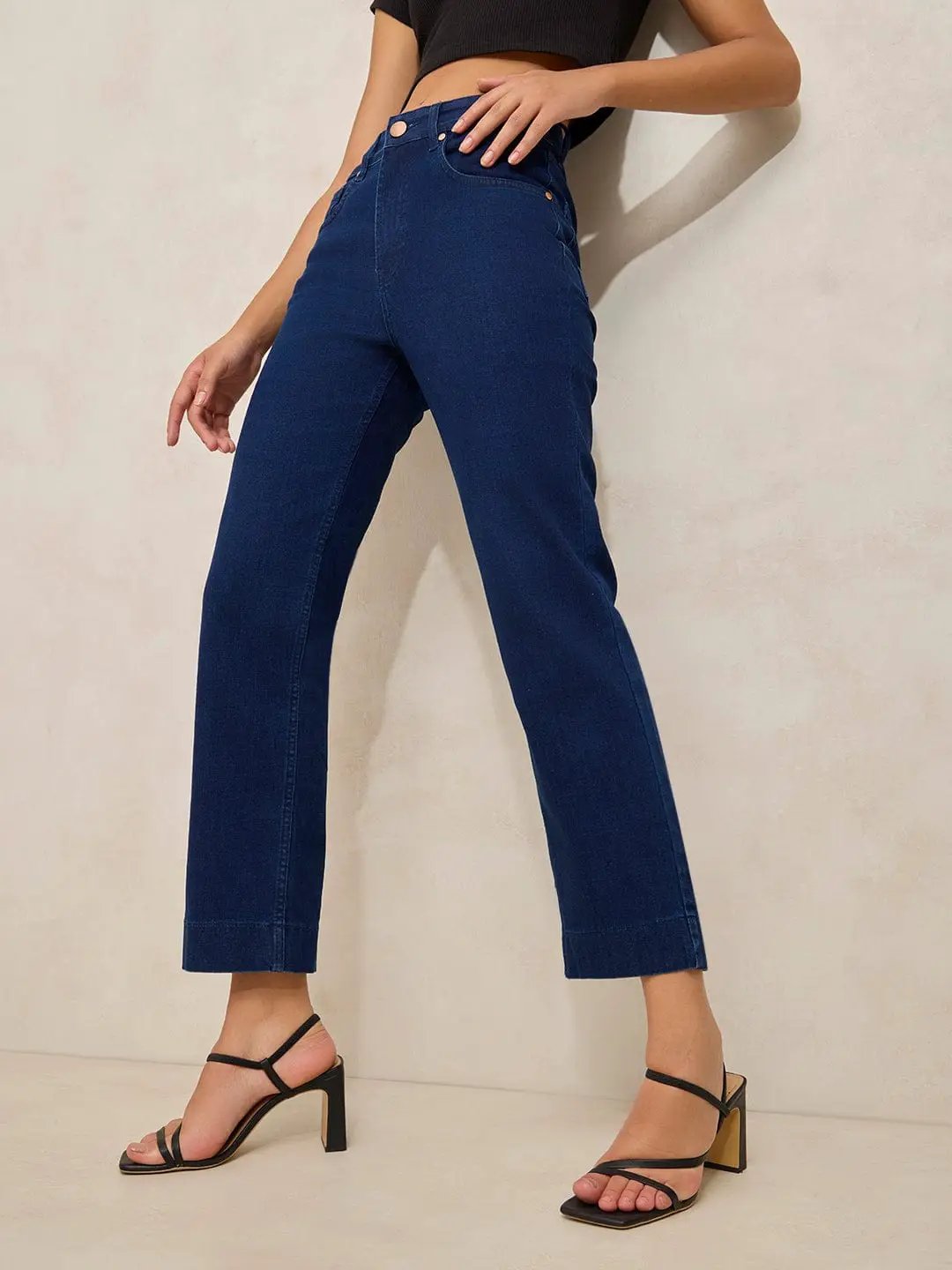 Women's Navy Blue Denim Mid Rise Slim Fit Cropped Jeans