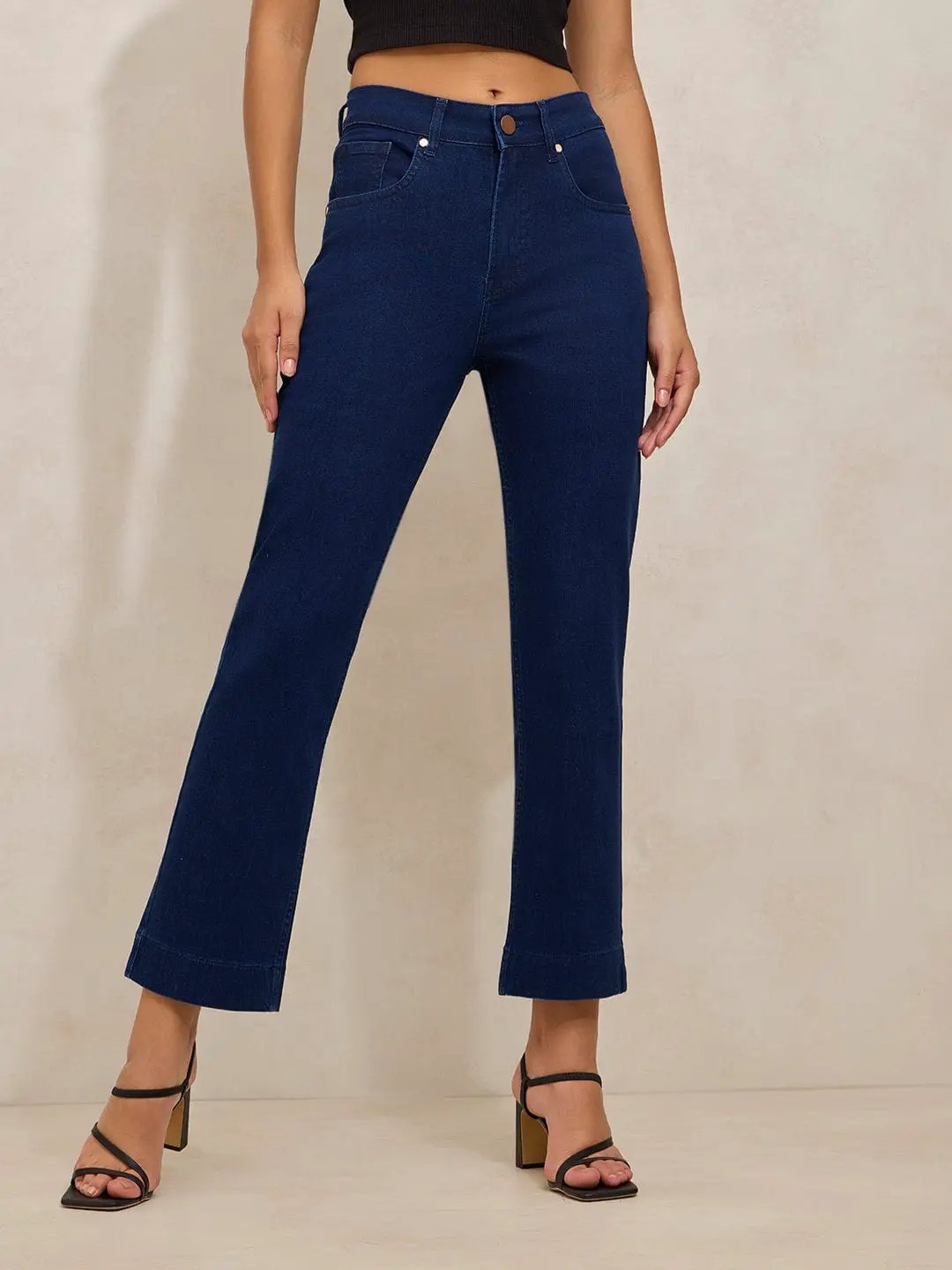 Women's Navy Blue Denim Mid Rise Slim Fit Cropped Jeans