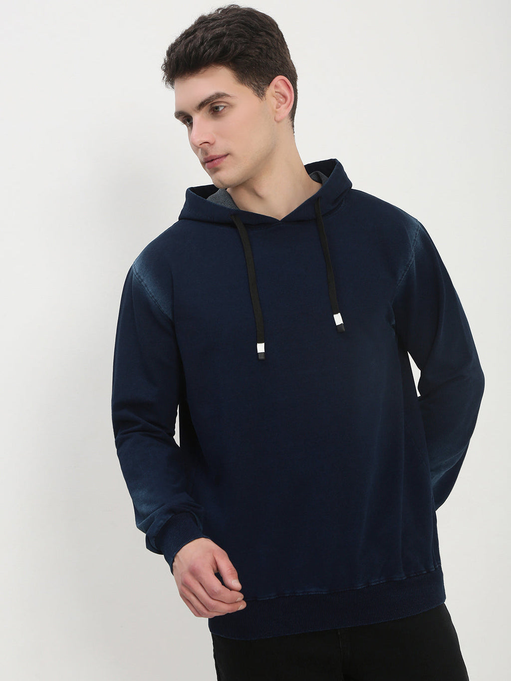Men's Navy Blue Solid Hooded Sweatshirt