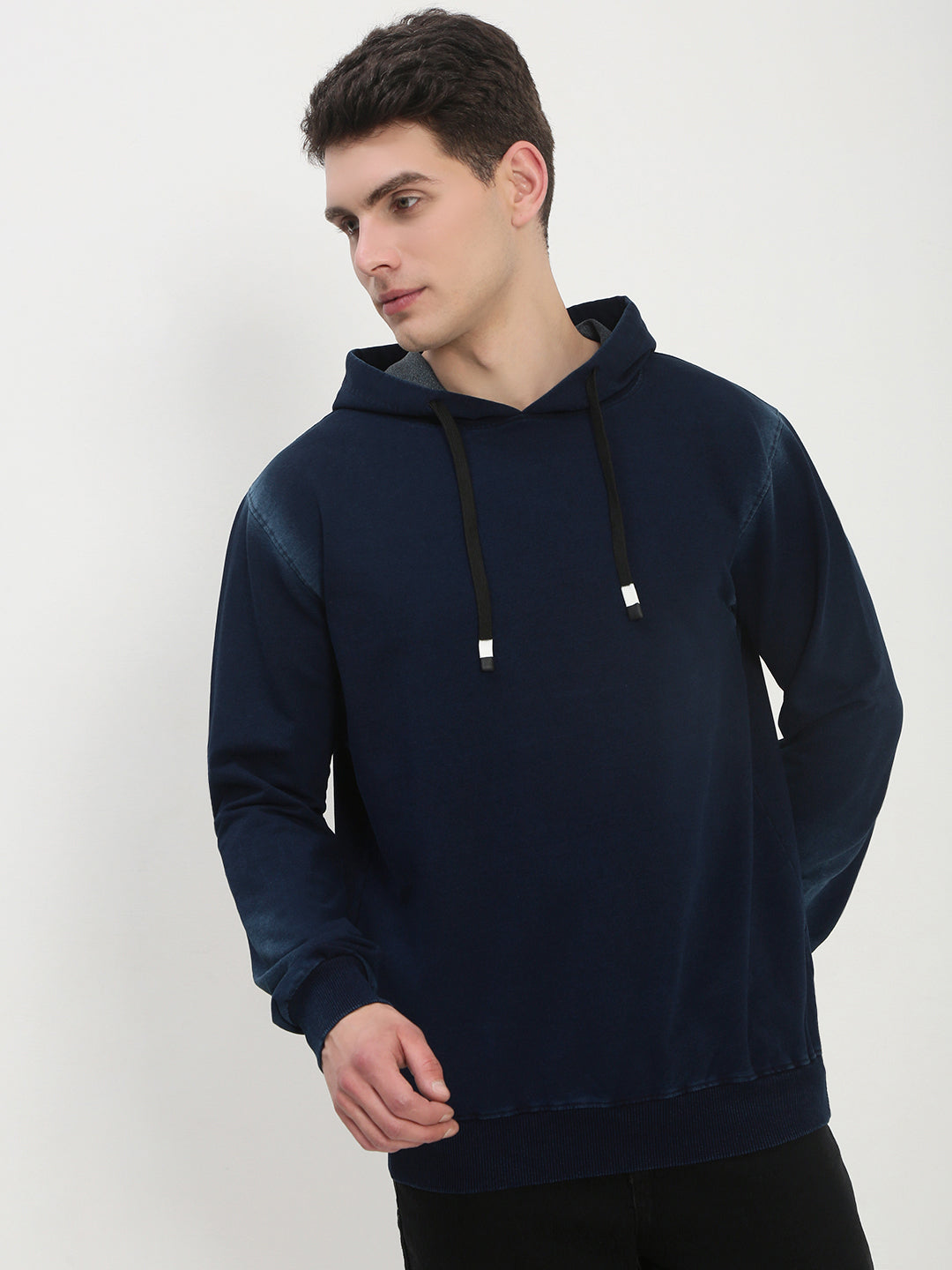 Men's Navy Blue Solid Hooded Sweatshirt