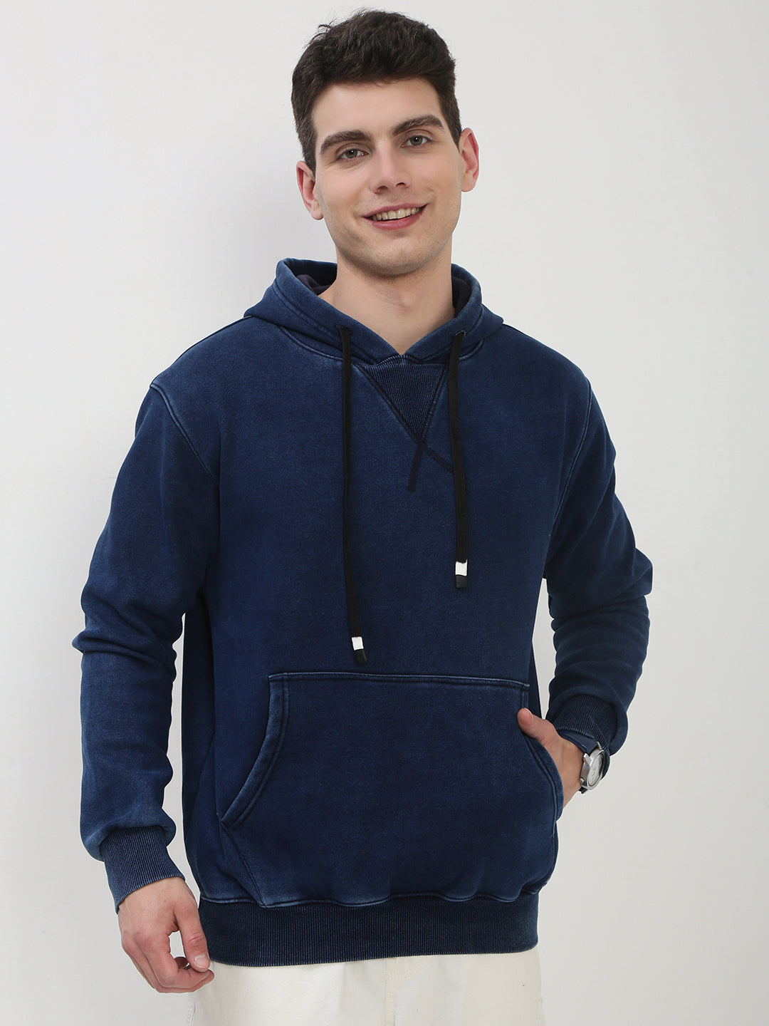 Men's Navy Blue Solid Hooded Sweatshirt