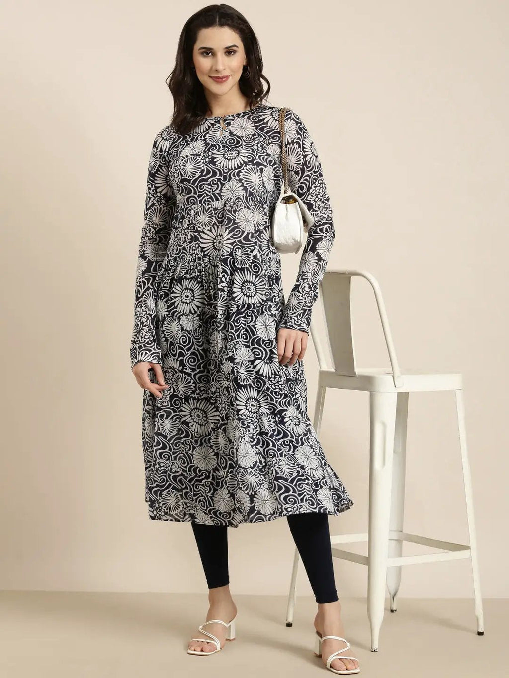 Women's Anarkali Navy Blue Floral Kurta
