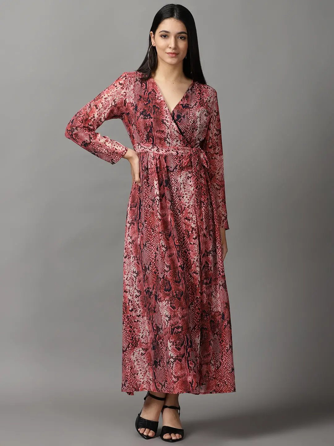 Women's Pink Printed Chiffon Wrap Dress