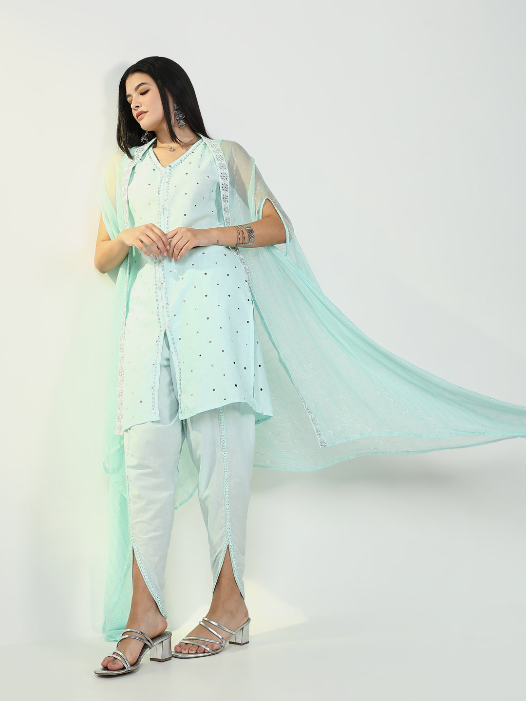 Women's Solid Blue Kurta Set with Coat