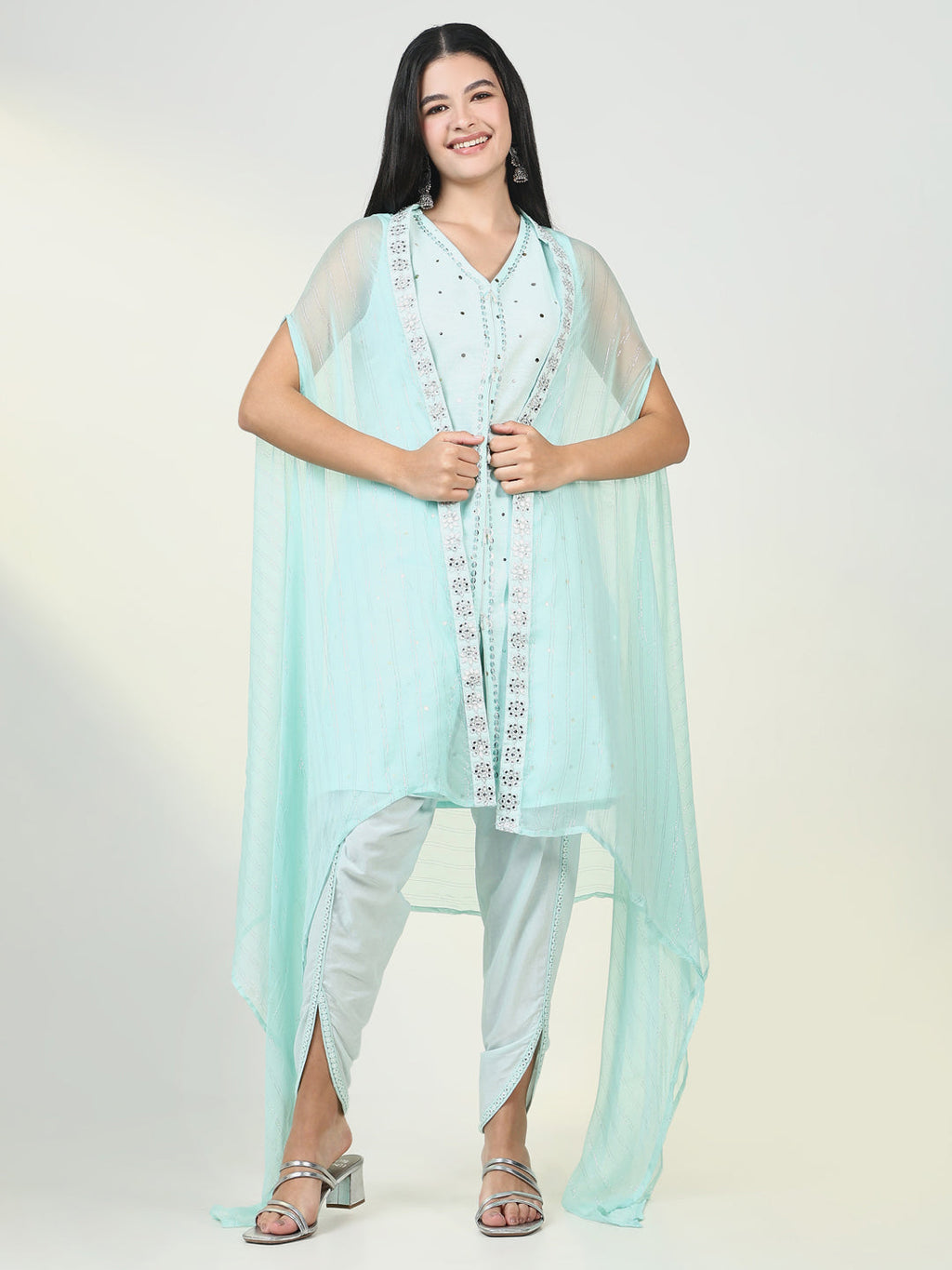 Women's Solid Blue Kurta Set with Coat