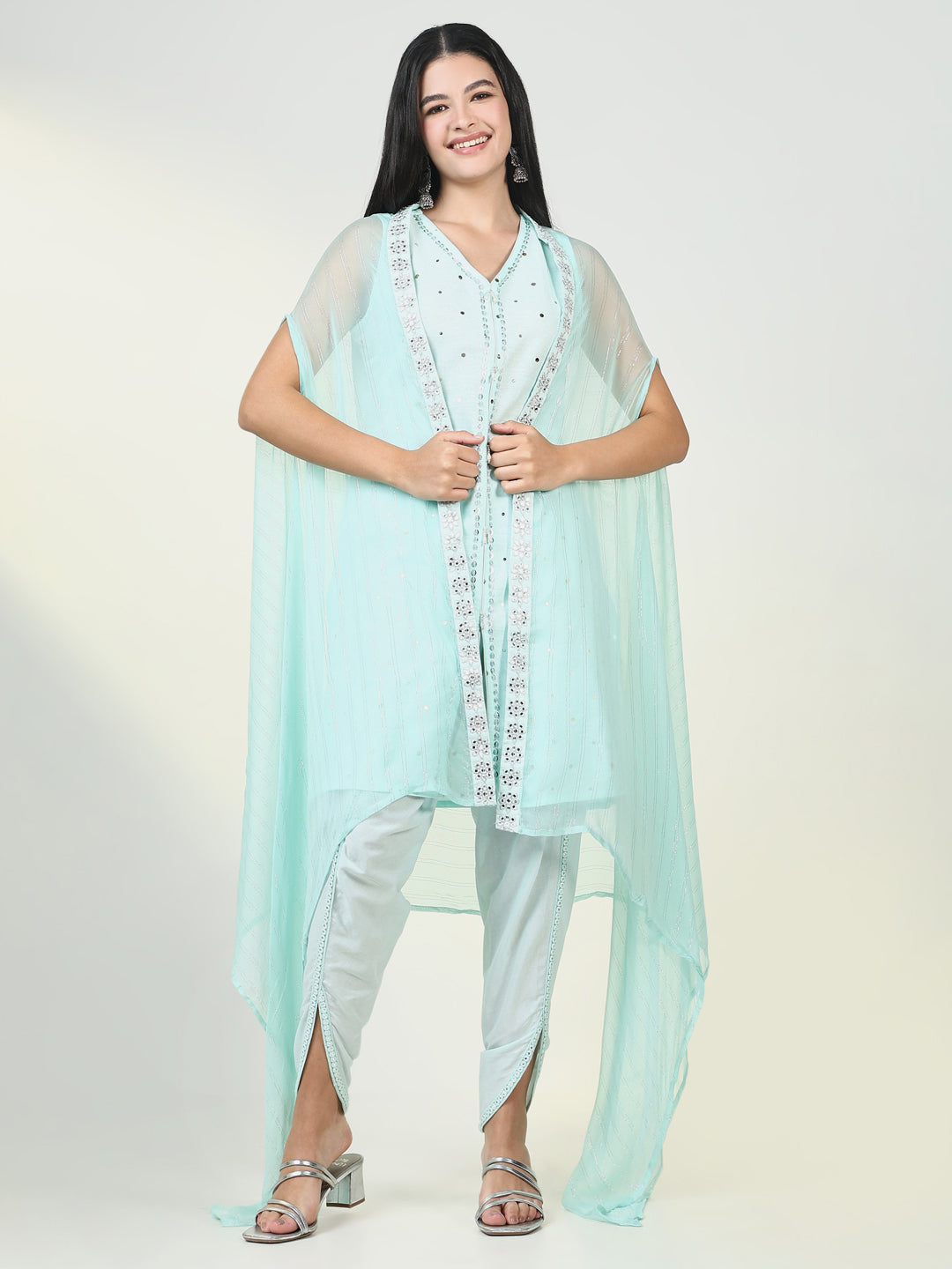 Women's Solid Blue Kurta Set with Coat