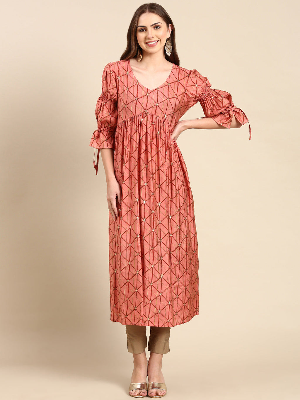 Women's Coral Geometric Printed Puff Sleeves Anarkali Kurta