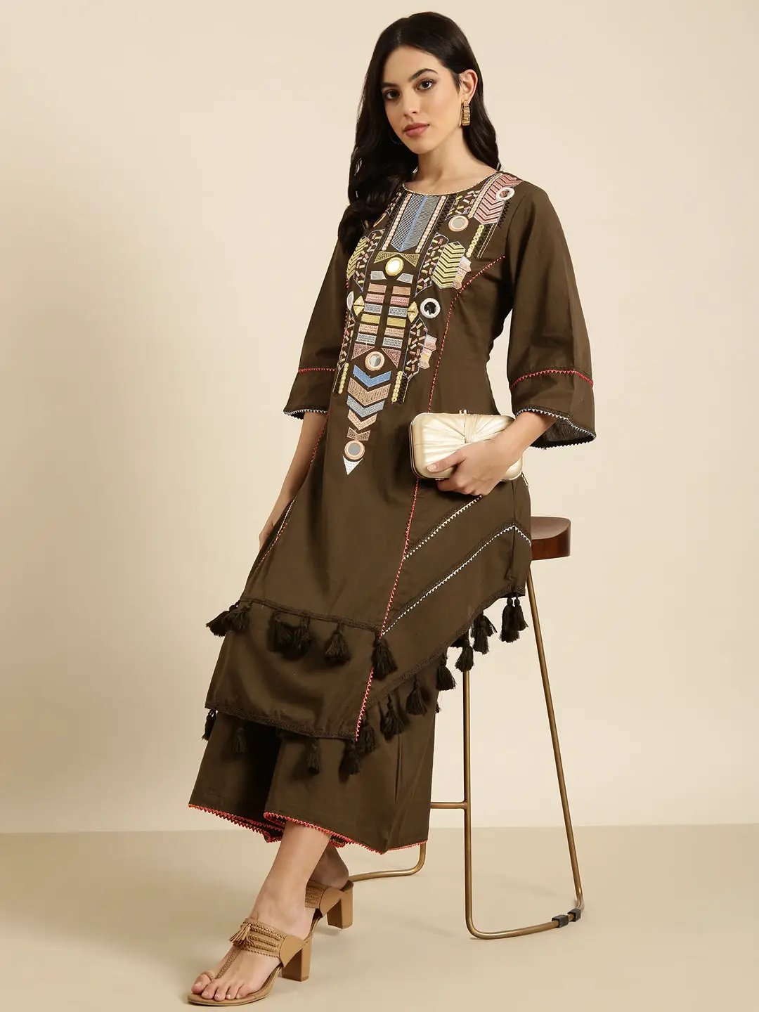 Women's A-Line Olive Solid Kurta Sets With Palazzos