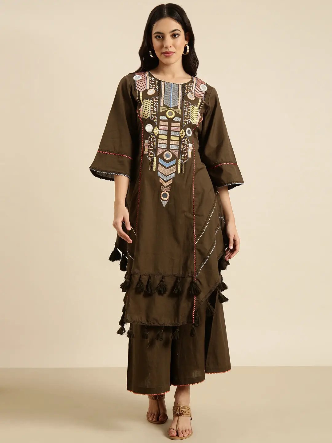 Women's A-Line Olive Solid Kurta Sets With Palazzos