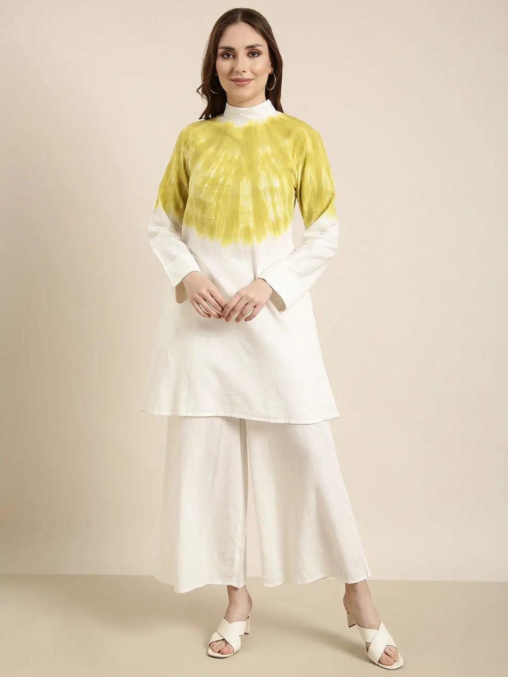 Women's Off White Dyed High Neck Tunic & Palazzos Set