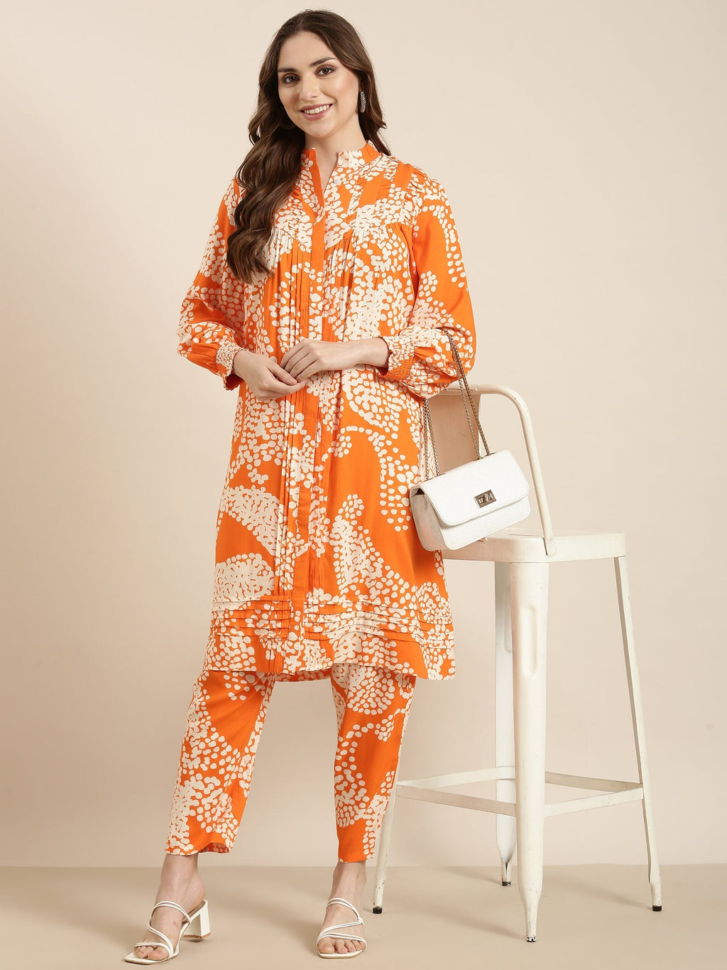 Women's A-Line Orange Abstract Kurta Sets With Trousers
