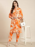 Women's A-Line Orange Abstract Kurta Sets With Trousers