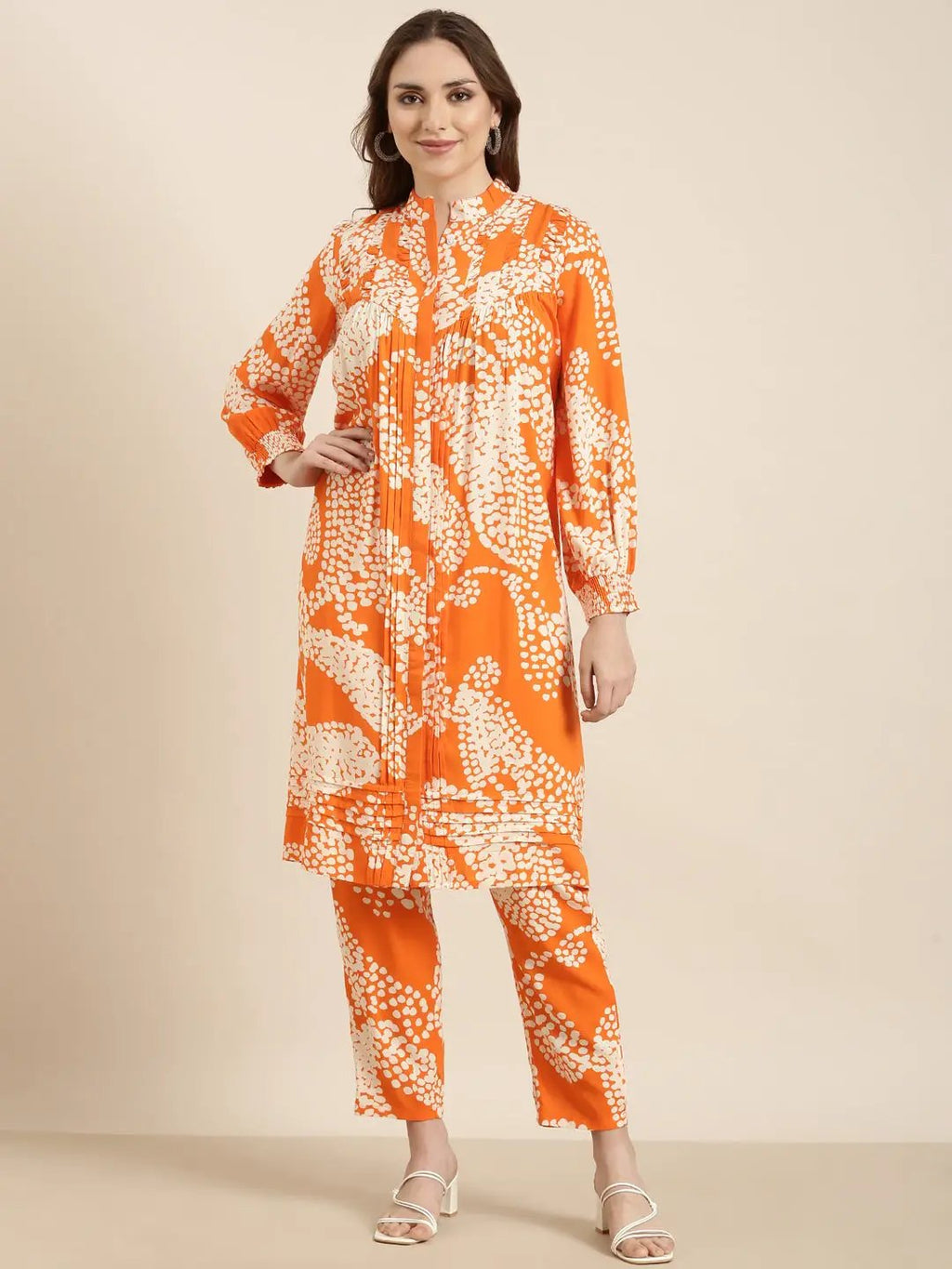 Women's A-Line Orange Abstract Kurta Sets With Trousers