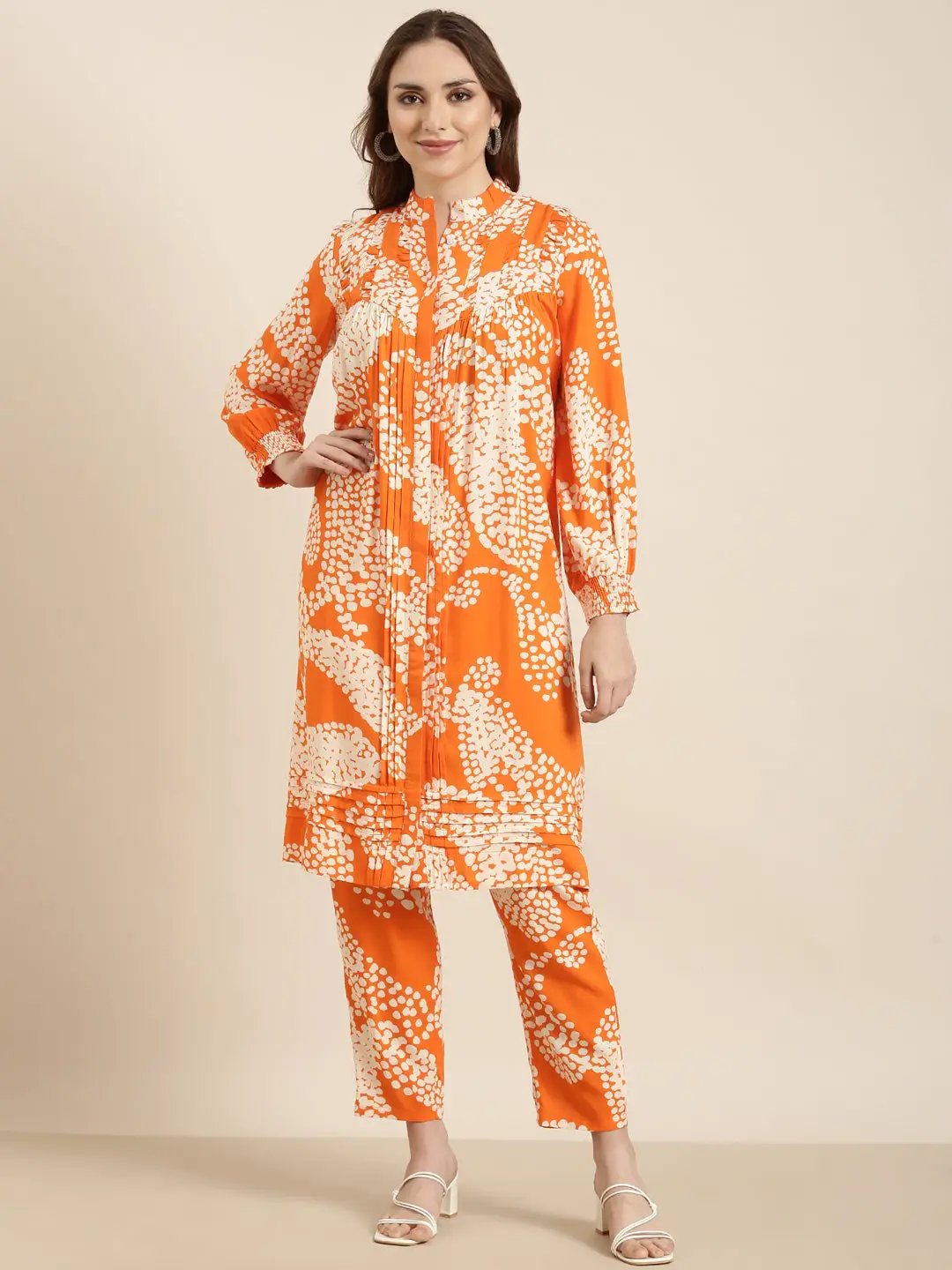 Women's A-Line Orange Abstract Kurta Sets With Trousers