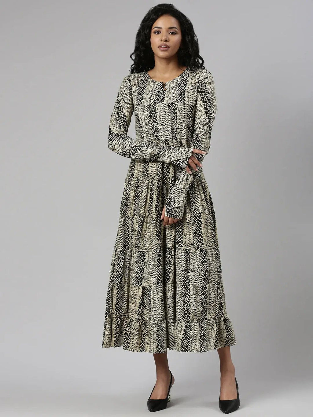 Women's Beige Abstract Printed Cotton Empire Dress