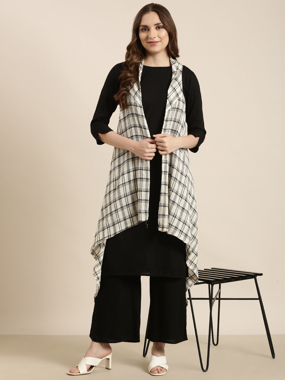 Women's Straight Black Solid Kurta Sets with Palazzos & Over Coat