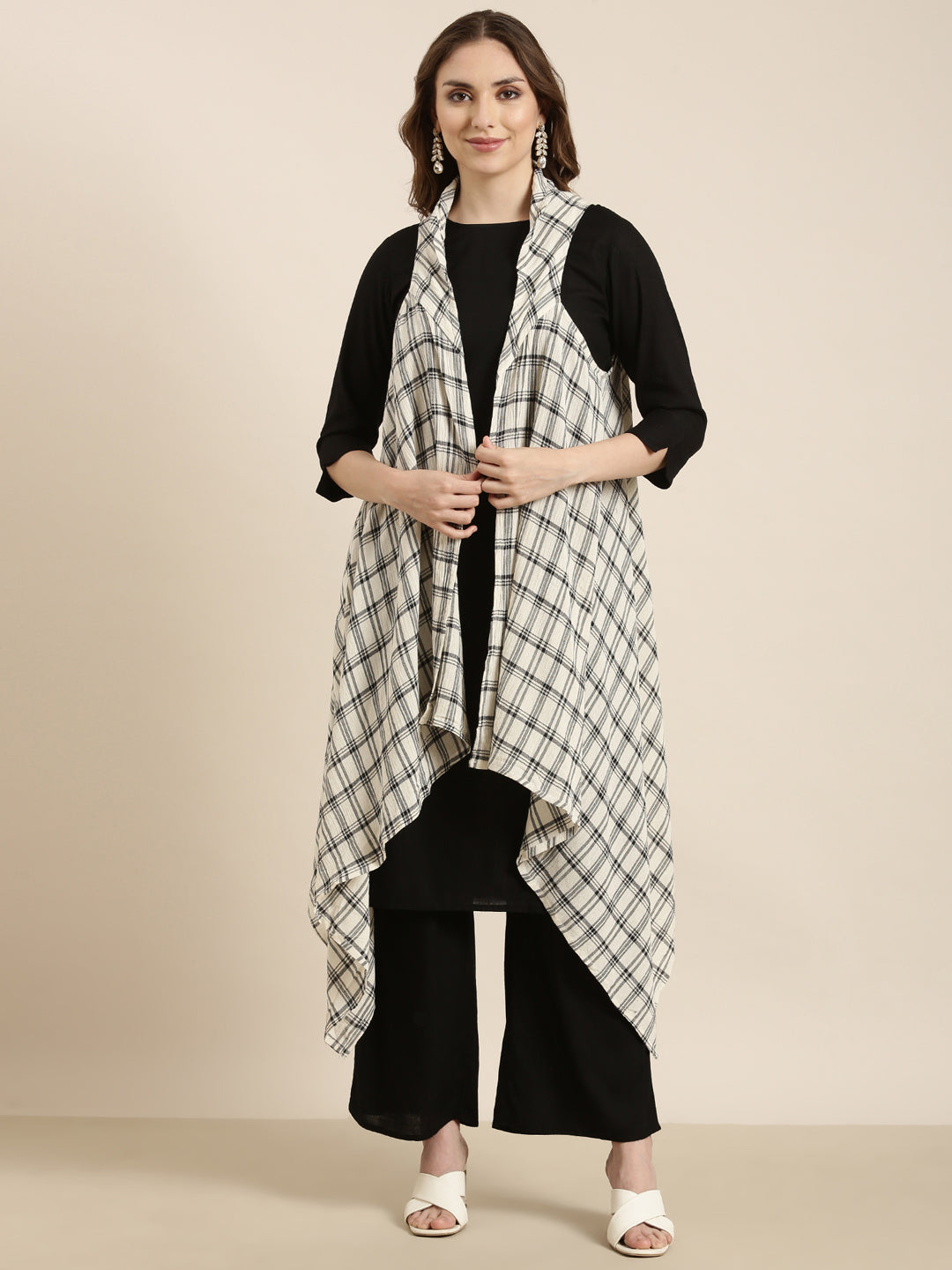Women's Straight Black Solid Kurta Sets with Palazzos & Over Coat