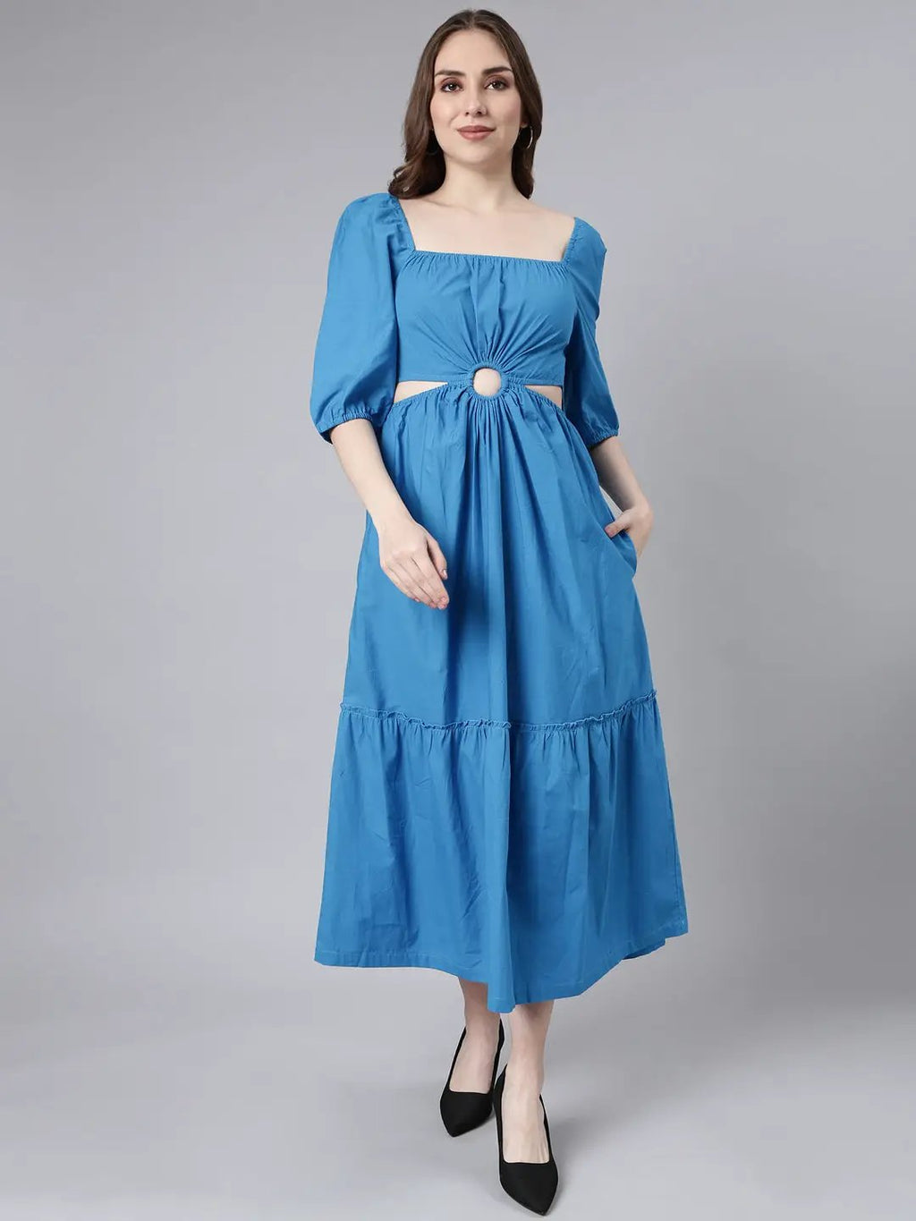 Women's Blue Cotton Square Neck Puff Sleeve Fit and Flare Dress