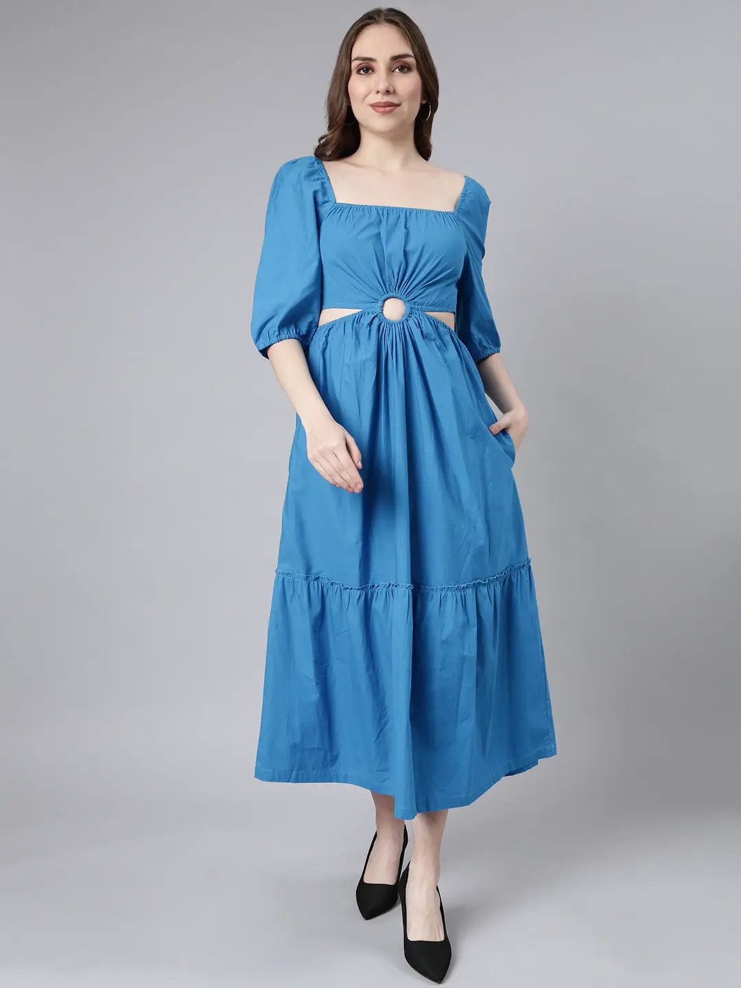 Women's Blue Cotton Square Neck Puff Sleeve Fit and Flare Dress