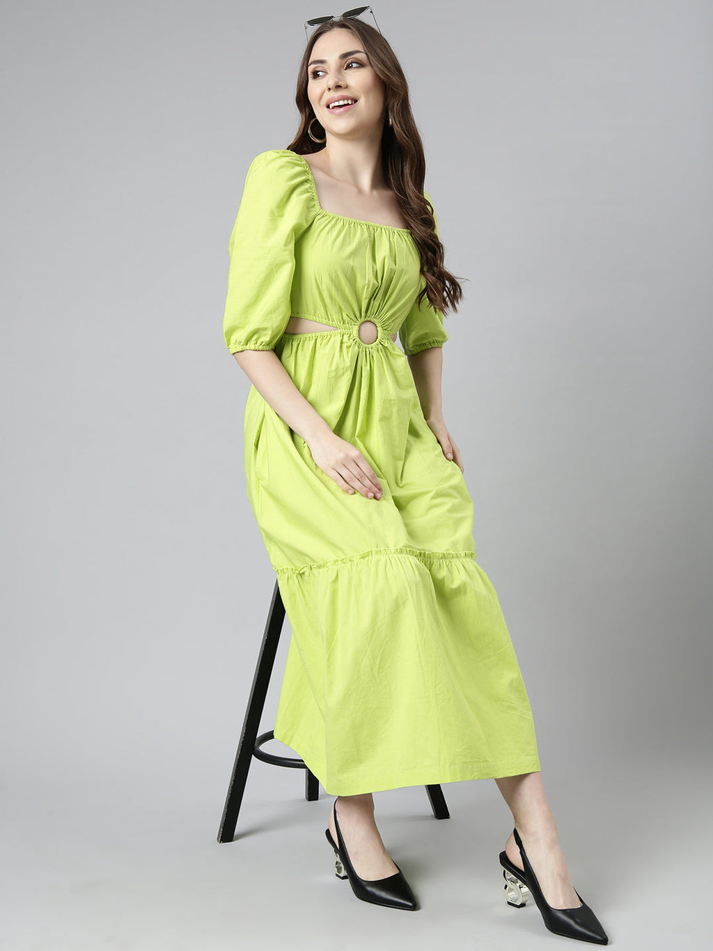 Women's Green Cotton Square Neck Puff Sleeve Fit & Flare Dress