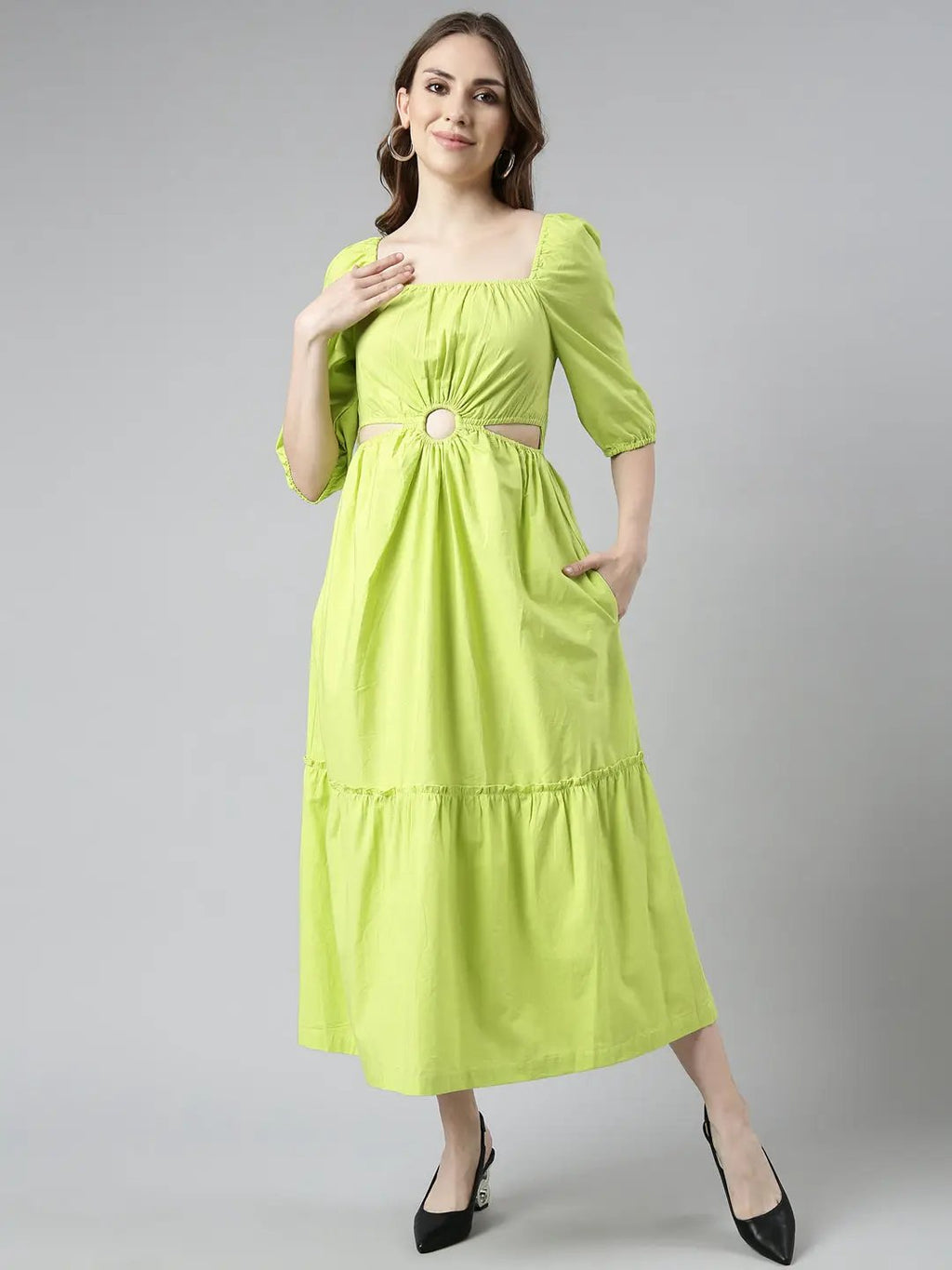 Women's Green Cotton Square Neck Puff Sleeve Fit & Flare Dress