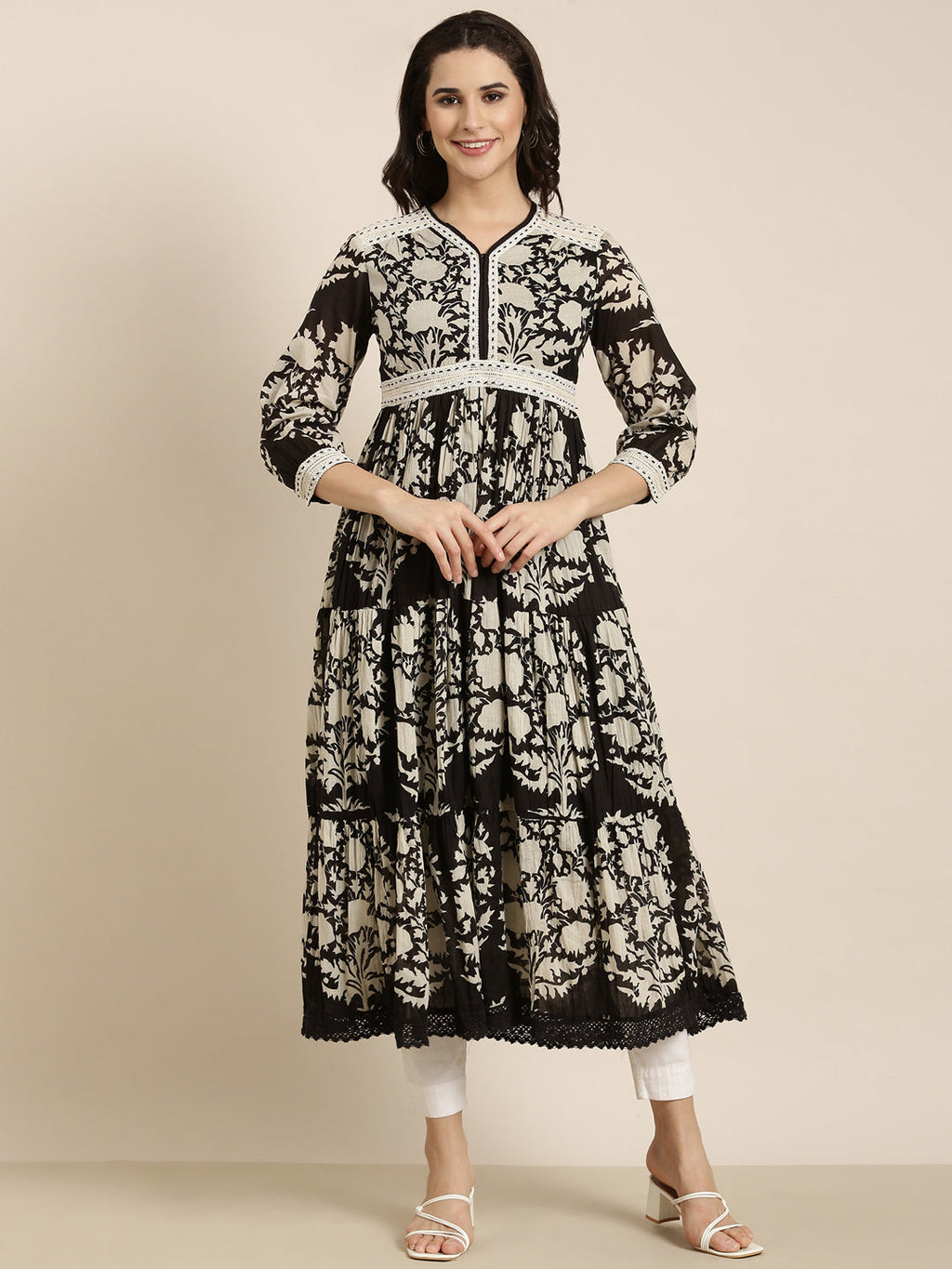 Women's Anarkali Black Floral Kurta
