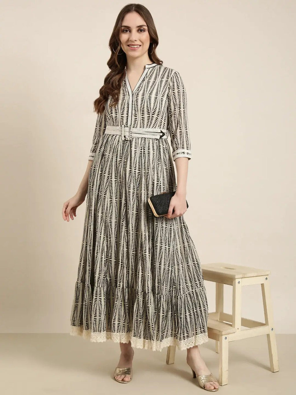 Women's Cream Abstract Printed Cotton Fit & Flare Dress With Belt