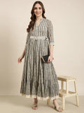Women's Cream Abstract Printed Cotton Fit & Flare Dress With Belt