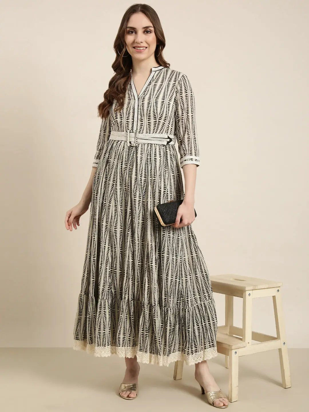 Women's Cream Abstract Printed Cotton Fit & Flare Dress With Belt