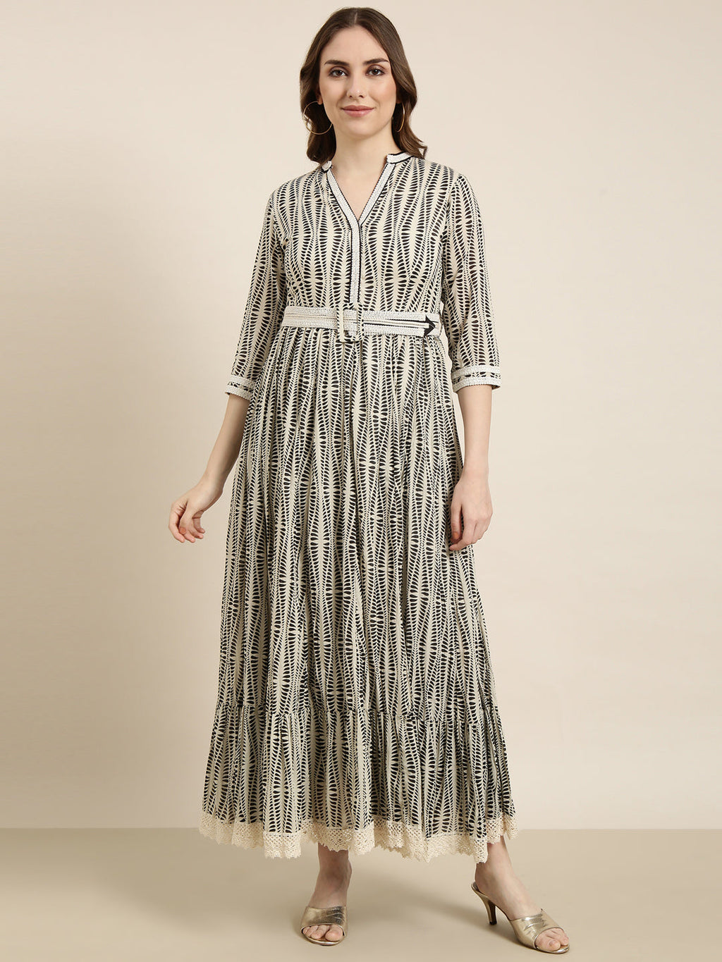 Women's Cream Abstract Printed Cotton Fit & Flare Dress With Belt