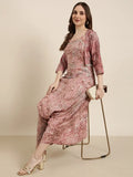 Women's Peach Printed Jumpsuit with Shrug