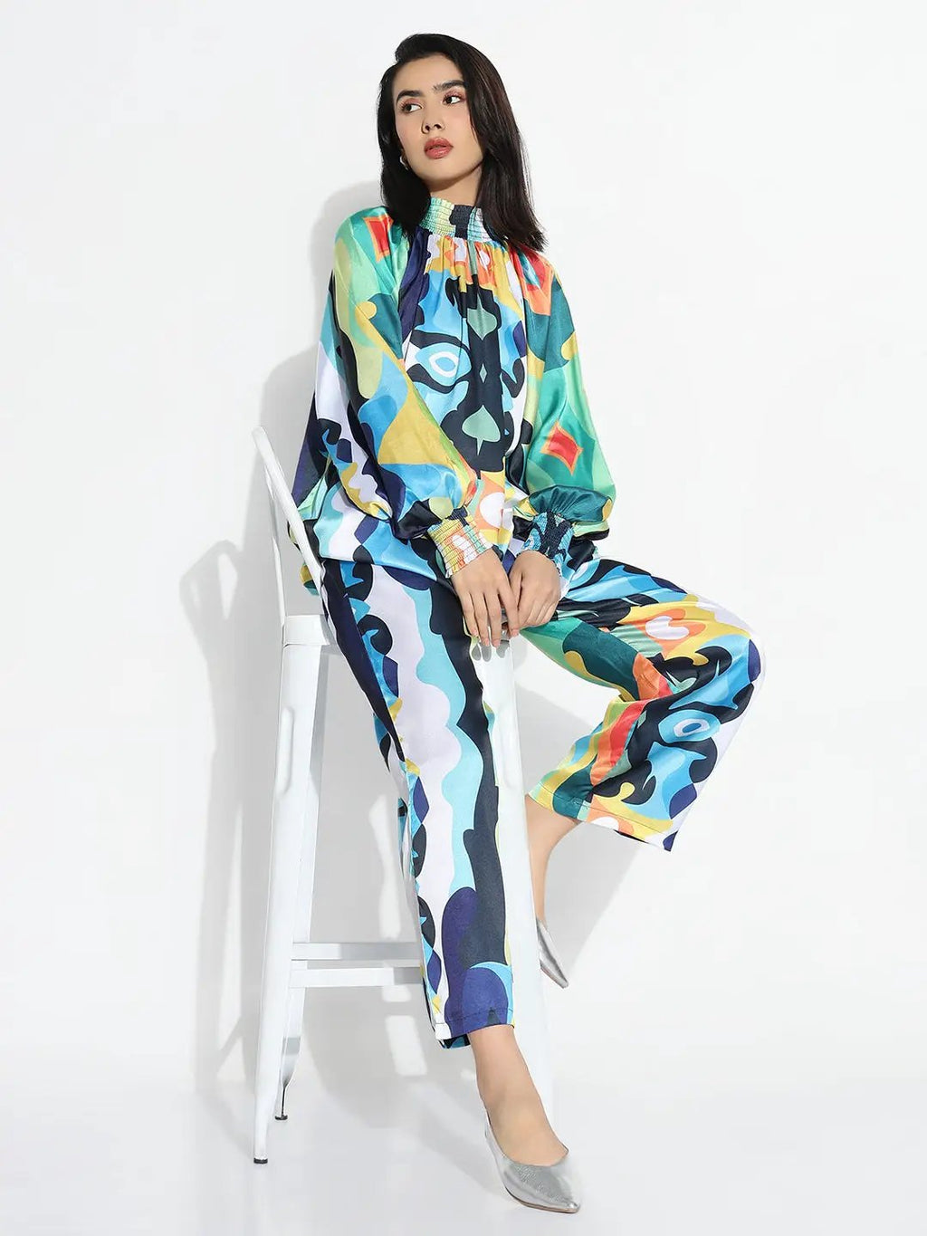Women's Blue Printed High Neck Co-ords Set