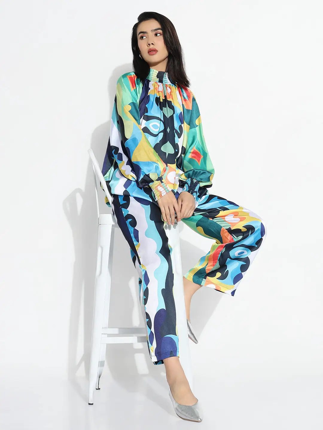 Women's Blue Printed High Neck Co-ords Set