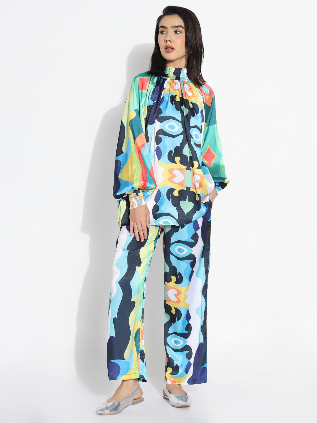 Women's Blue Printed High Neck Co-ords Set