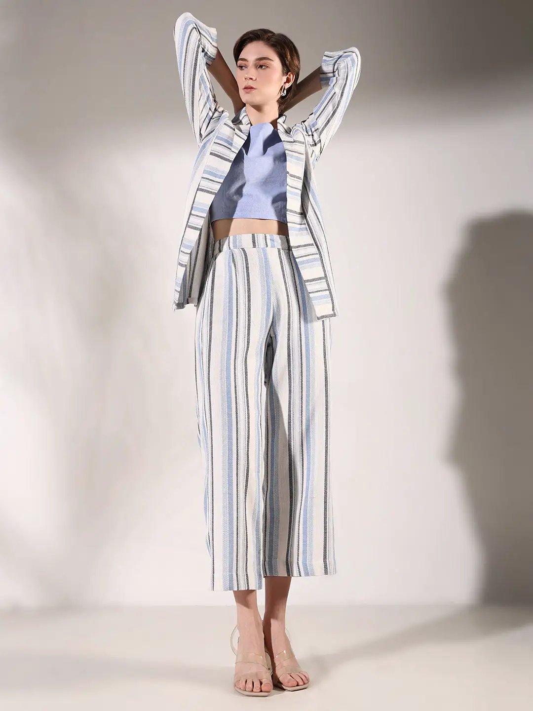 Women's Striped Blue Co-Ords Set with Blazer