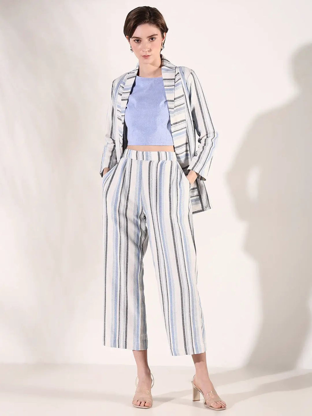 Women's Striped Blue Co-Ords Set with Blazer